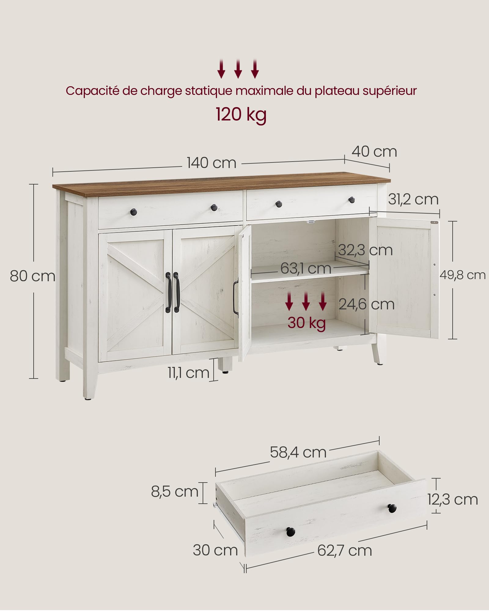 Buffet, Meuble de Rangement avec Tiroir, Meuble de Cuisine, avec Portes, Étagère Réglable