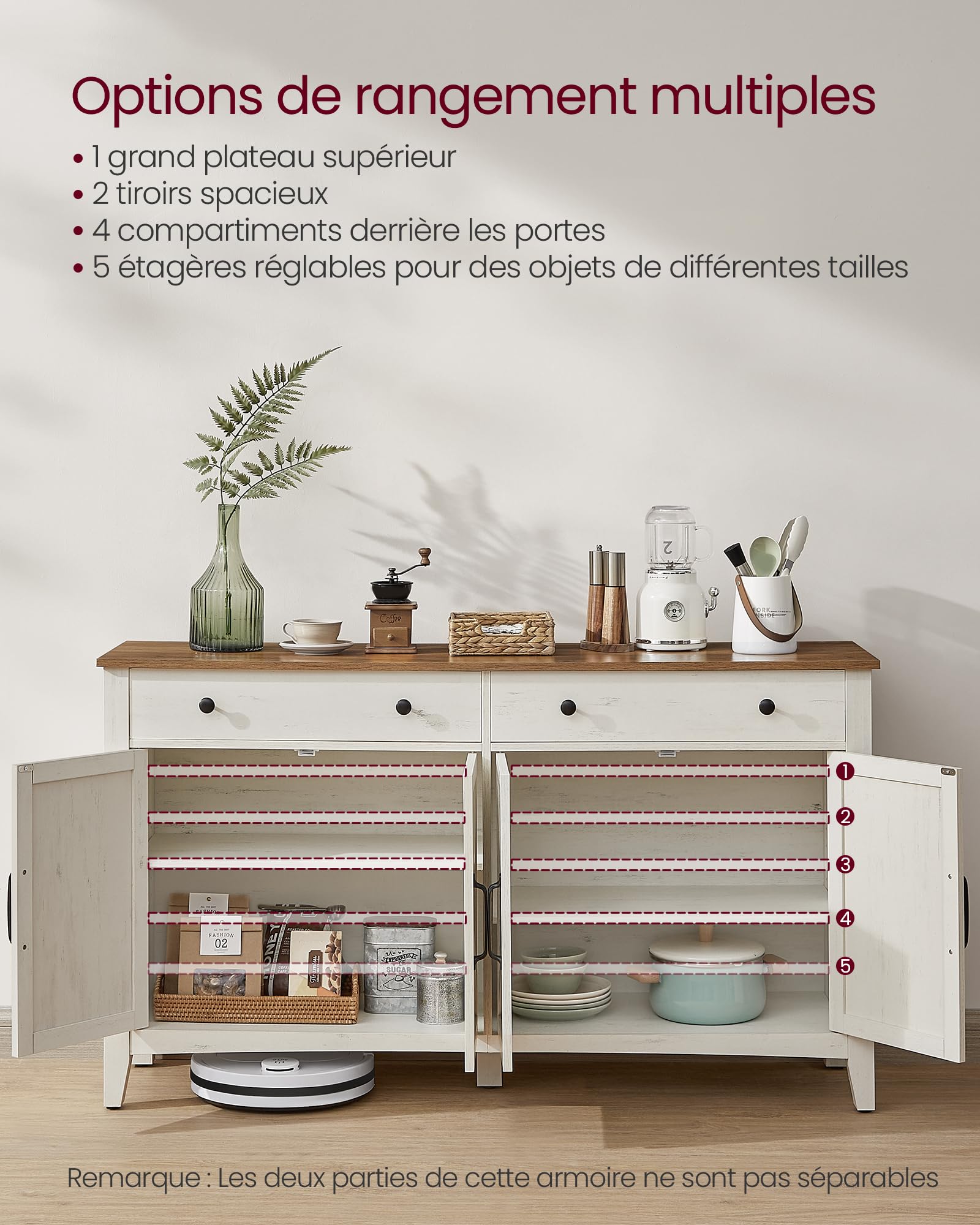 Buffet, Meuble de Rangement avec Tiroir, Meuble de Cuisine, avec Portes, Étagère Réglable